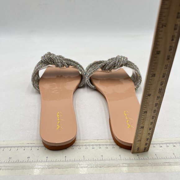 XYD Nude Shiny Rhinestone Straps Slide Sandals Sparkle Fancy Open Toe Slippers - Picture 5 of 8